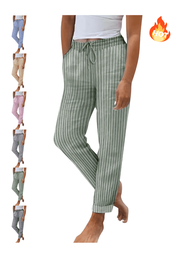Striped Linen Pants Women Drawstring Elastic Waist Casual Pant Cuffed Hem Relaxed Work Trousers Casual Loose Travel Vacation Summer Clothes with Pockets