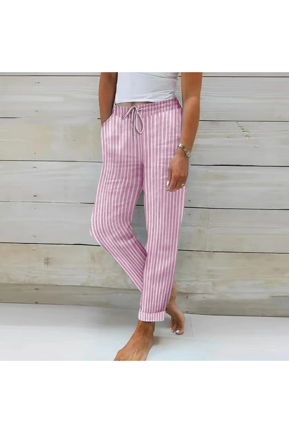 Striped Linen Pants Women Drawstring Elastic Waist Casual Pant Cuffed Hem Relaxed Work Trousers Casual Loose Travel Vacation Summer Clothes with Pockets