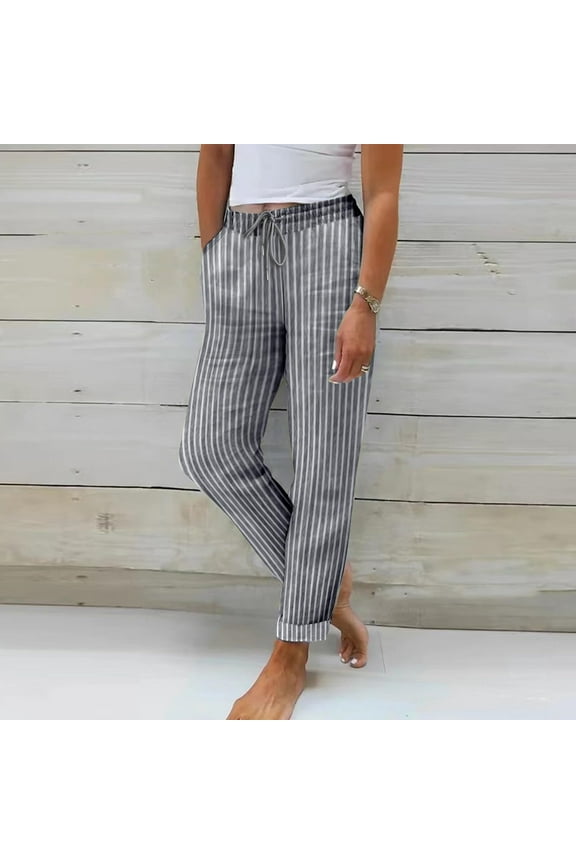 Striped Linen Pants Women Drawstring Elastic Waist Casual Pant Cuffed Hem Relaxed Work Trousers Casual Loose Travel Vacation Summer Clothes with Pockets