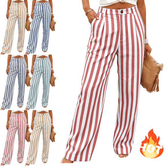 Mifsaly Striped Linen Pants Women High Waisted Wide Leg Summer Pant Lightweight Loose Fit Casual Beach Vacation Outfits with Pockets 2026 Red,M
