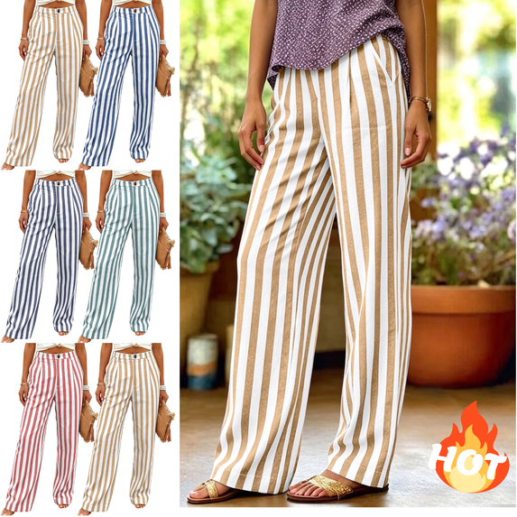Mifsaly Striped Linen Pants Women High Waisted Wide Leg Summer Pant Lightweight Loose Fit Casual Beach Vacation Outfits with Pockets 2026 Yellow,S