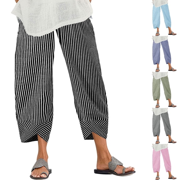 Mifsaly Striped Linen Pants Women Smocked High Waisted Casual Summer Pant Tulip Hem Detail Lightweight Flowy Beach Vacation Boho Clothes with Pockets Black,M