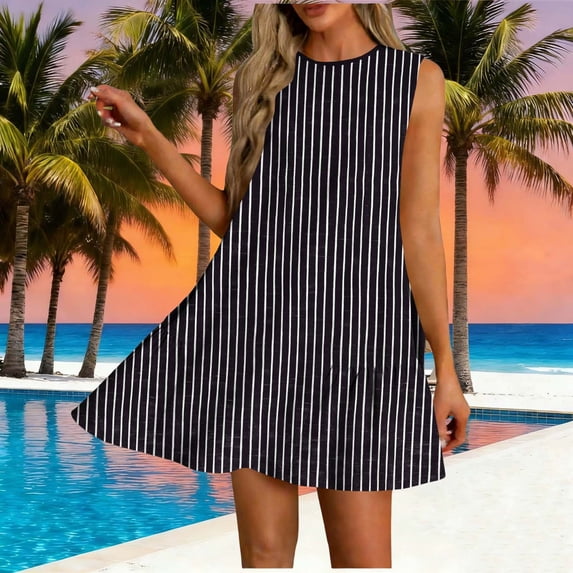 Mifsaly Striped Mini Dress for Women A Line Crewneck Sleeveless Dresses Casual Ruffle Hem Flowy Breathable Summer Vacation Sundresses L