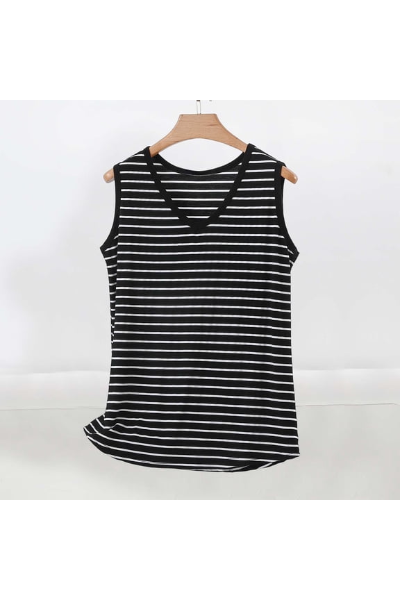 Striped Sleeveless Tops Women Casual Loose Fit Tank Top V Neck Contrast Binding Summer Shirt Breathable Lightweight Flowy Blouse Basic Workout Tee S