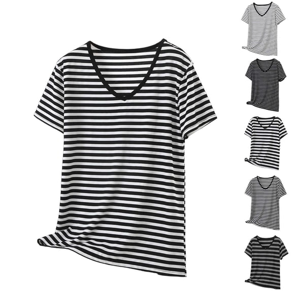 Mifsaly Striped T-Shirt for Women V-Neck Short Sleeve Summer Tops Casual Loose Fit Soft Breathable Tee Classic Daily Going Out Shirt XXXL