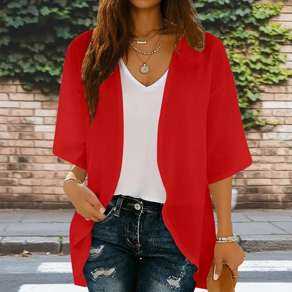 Mifsaly Summer Cardigans for Women Lightweight 3/4 Sleeve Open Front Cardigan Casual Loose Vacation Beach Cover Up Soild Color Outerwear
