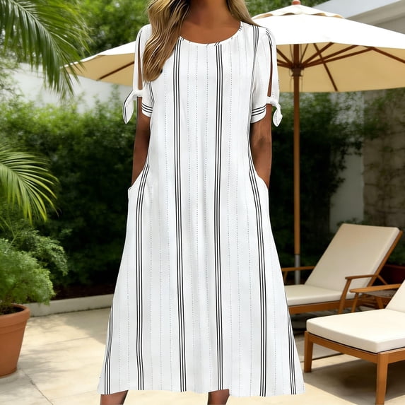 Mifsaly Summer Dresses for Women 2026 Striped Tie Detail Short Sleeve Midi Flowy Dress with Pockets Summer Casual Vacation Sundress White,S