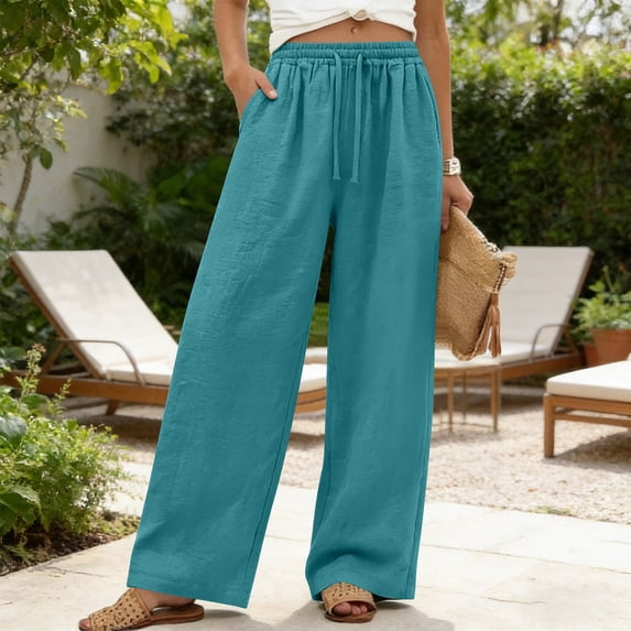 Mifsaly Summer Linen Pants Women Wide Leg High Waisted Pant Drawstring Lightweight Flowy Beach Vacation Casual Loose Trousers 2026 L