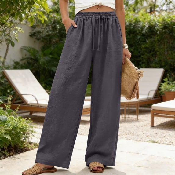 Mifsaly Summer Linen Pants Women Wide Leg High Waisted Pant Drawstring Lightweight Flowy Beach Vacation Casual Loose Trousers 2026 XXL