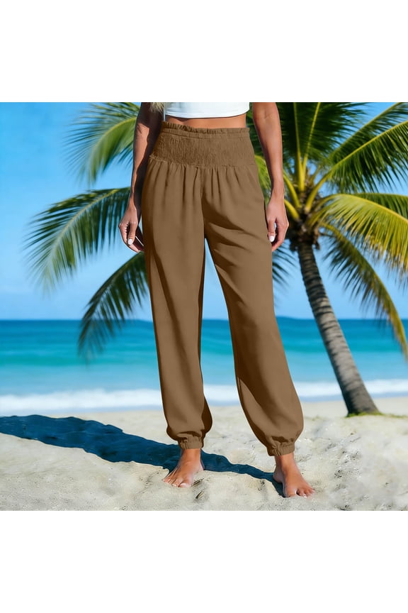 Summer Pants for Women Cuffed Ankle Elastic Waist Linen Jogger Pant Lightweight Comfortable Travel Everyday Lounge Trousers with Pockets L