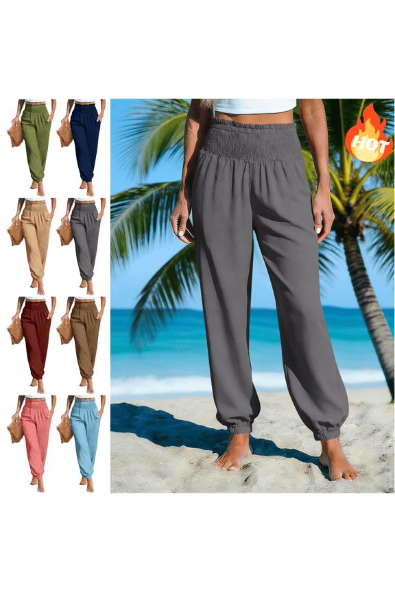 Summer Pants for Women Cuffed Ankle Elastic Waist Linen Jogger Pant Lightweight Comfortable Travel Everyday Lounge Trousers with Pockets L