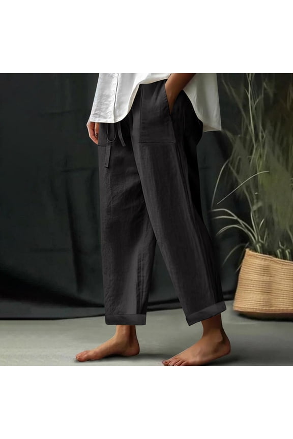 Summer Pants for Women Drawstring High Waist Linen Pant Cuffed Hem Lightweight Breathable Lounge Trousers Relaxed Clothes with Pockets