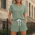 thumbnail image 1 of Mifsaly Summer Short Sets for Women 2 Piece Summer Casual Matching Outfits Henley Short Sleeve Button Down Top and Drawstring Shorts with Pockets Green,M, 1 of 8
