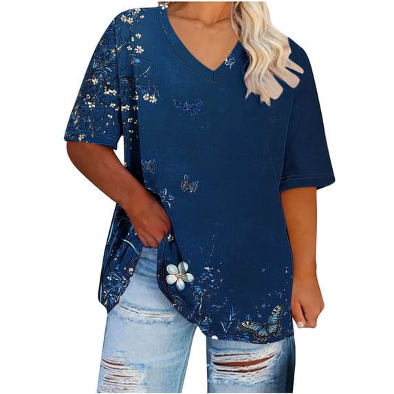 Mifsaly Summer Tops for Women Gradient V-Neck Short Sleeve Blouse Plus Size Oversized Cotton Tops Work Going Out Dressy Casual Shirts Spring Summer Teacher T-Shirts XL