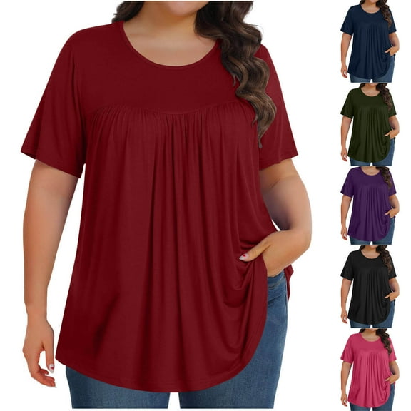 Mifsaly Summer Tops for Women Plus Size Pleated Crewneck Short Sleeve Cotton Blouse Oversized Dressy Casual Shirts Lightweight Cozy T-Shirts 2026 Daily Loungewear XXL