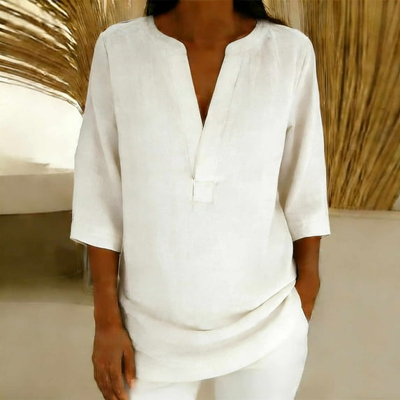 Mifsaly Summer Tops for Women Linen Shirt V-Neck 3/4 Sleeve Casual Blouses Lightweight Comfortable Oversized Tshirts Work Vacation Travel Outfits M