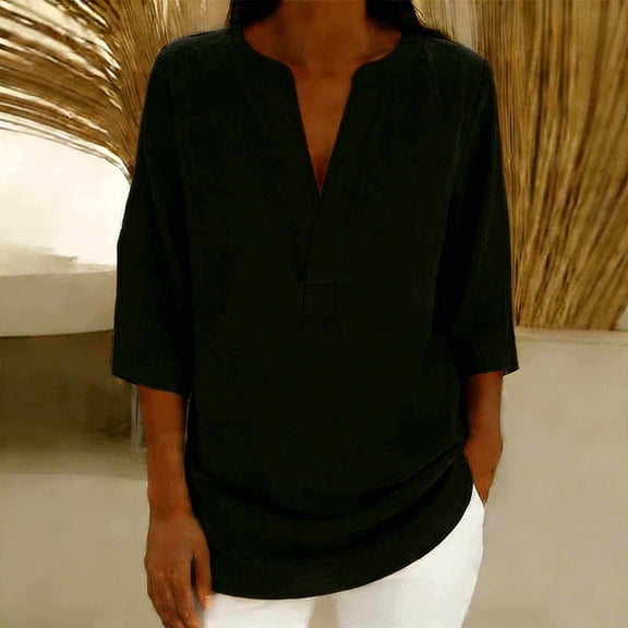 Mifsaly Summer Tops for Women Linen Shirt V-Neck 3/4 Sleeve Casual Blouses Lightweight Comfortable Oversized Tshirts Work Vacation Travel Outfits S