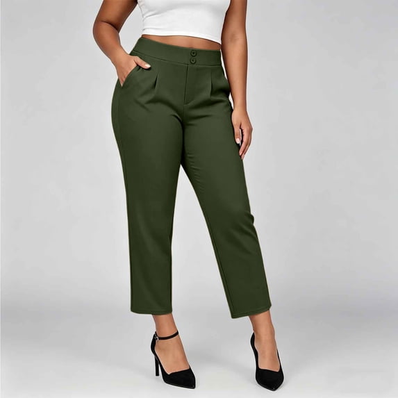 Mifsaly Summer Work Pants for Women Double Button Pleated Straight Leg Casual Office Trousers with Pockets Army Green,S