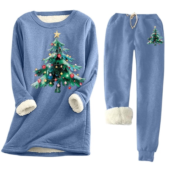 Mifsaly Sweat Suits for Womens 2 Piece Christmas Tree Print Fleece Lined Workout Sets Xmas Thicken Warm Lounge Outdoor Matching Outfits Sherpa Pullover Sweatshirt & Thermal Joggers with Pockets