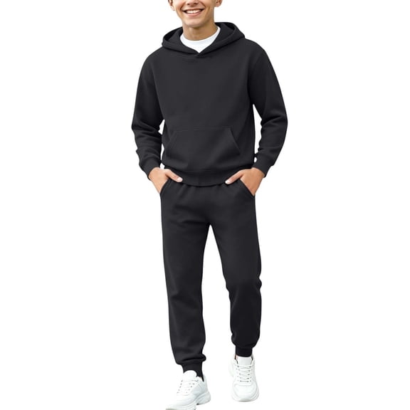 Mifsaly Sweatsuits Boys 2 Piece Outfits Solid Color Pullover Hoodie and Elastic Waist Jogger Pants with Pockets Black,11-12 Years