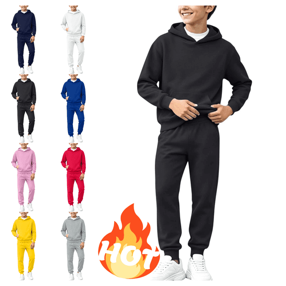 Mifsaly Sweatsuits Boys 2 Piece Outfits Solid Color Pullover Hoodie and Elastic Waist Jogger Pants with Pockets Black,11-12 Years
