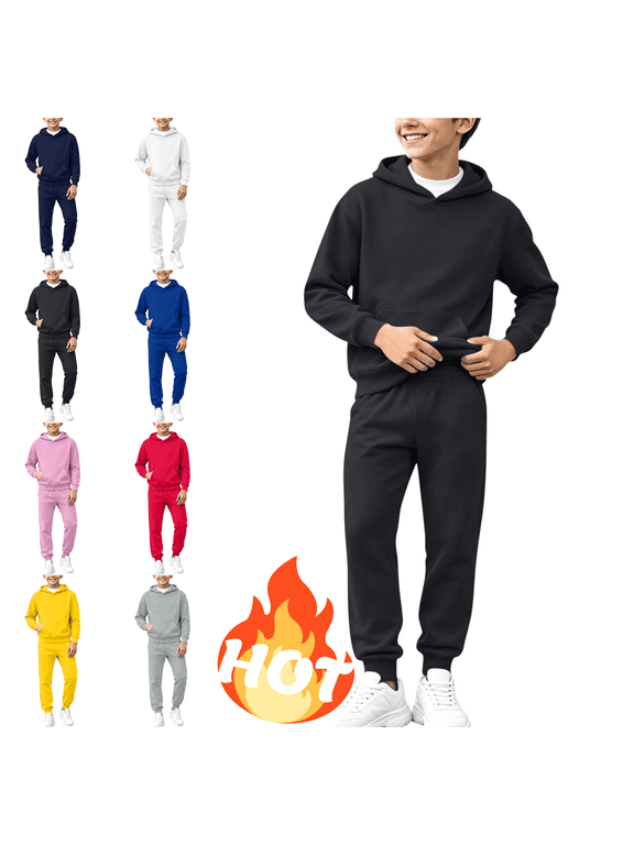 Sweatsuits Boys 2 Piece Outfits Solid Color Pullover Hoodie and Elastic Waist Jogger Pants with Pockets Black,9-10 Years