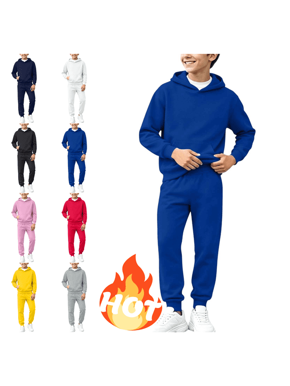 Sweatsuits Boys 2 Piece Outfits Solid Color Pullover Hoodie and Elastic Waist Jogger Pants with Pockets Blue,7-8 Years