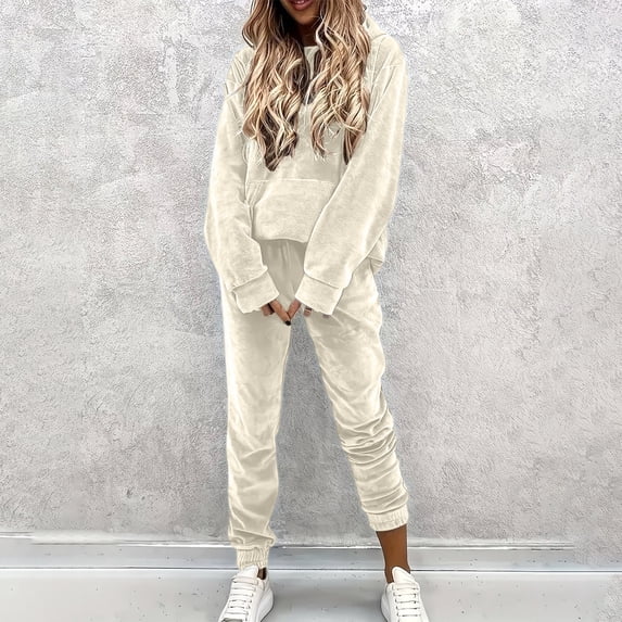 Mifsaly Sweatsuits Women 2 Piece Outfit Velvet Warm Tracksuit Hooded Baggy Sweatshirts And Straight Leg Slim Fit Jogger Pants with Pockets