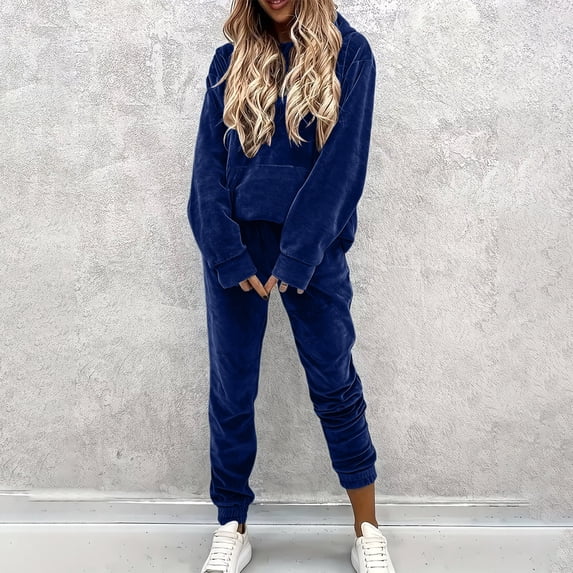 Mifsaly Sweatsuits Women 2 Piece Outfit Velvet Warm Tracksuit Hooded Baggy Sweatshirts And Straight Leg Slim Fit Jogger Pants with Pockets