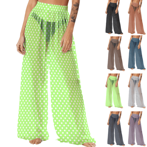 Mifsaly Swimsuit Cover Up Pants Women Beach Sheer Mesh Pant Polka-Dot Lightweight Flowy See-Through Bikini Bottoms Swimming Trouser Loose Summer Vacation Clothing L