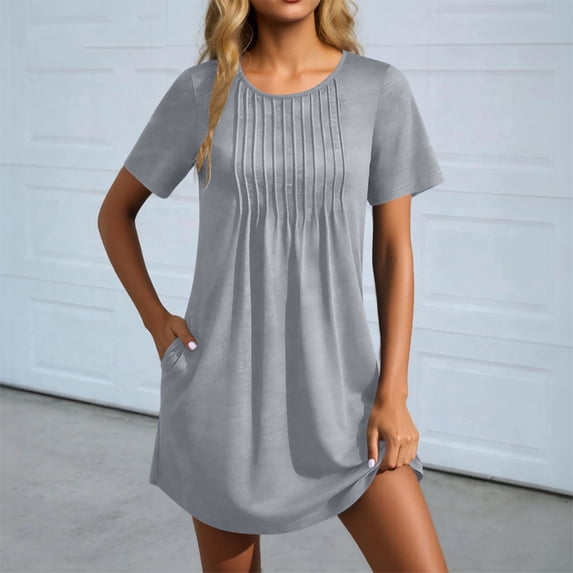 Mifsaly T Shirt Dresses for Women 2026 Pleated Front Crewneck Short Sleeve Mini Dress with Pockets Breathable Flowy A-Line Summer Beach Sundress Gray,S