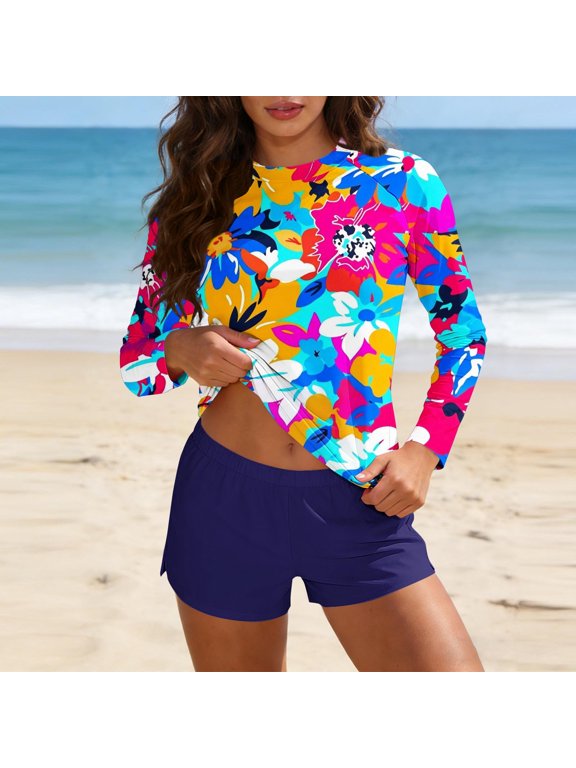 Tankinis Swimwear for Women Long Sleeve 2 Piece Bathing Suits Patchwork Tropical Print Tankinis Set Sun Protection Athletic Surfing Beachwear L