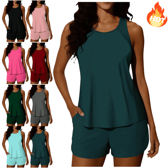 Mifsaly Tankinis Swimwear for Women Soild Color Bathing Suits Racerback Tank Top High Waist Shorts with Pockets Comfortable Beach Pool 2 Piece Swimsuit