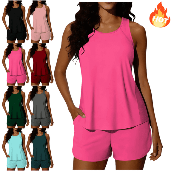 Mifsaly Tankinis Swimwear for Women Soild Color Bathing Suits Racerback Tank Top High Waist Shorts with Pockets Comfortable Beach Pool 2 Piece Swimsuit