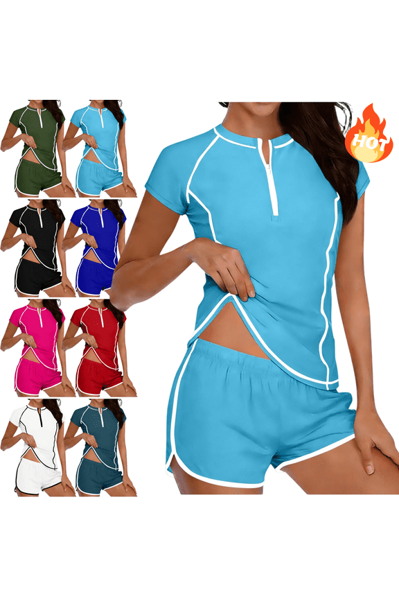 Tankinis Swimwear for Women Zip Front Short Sleeve Swimsuits with Built In Bra Quick Dry Modest Bathing Suits Summer Beach Surfing Athletic Swimsuit L