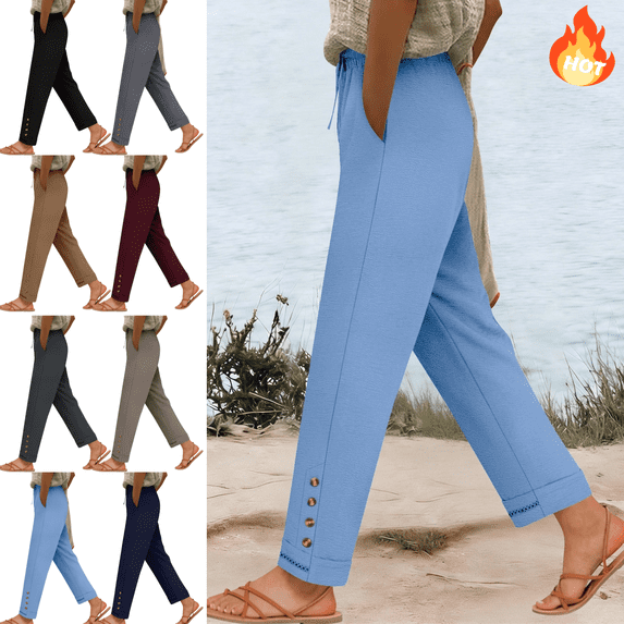 Mifsaly Tapered Pants for Women Dressy Casual Straight Leg Cotton Pant Button Detail Hem Comfortable Versatile Daily Work Casual Trousers with Pockets XXL