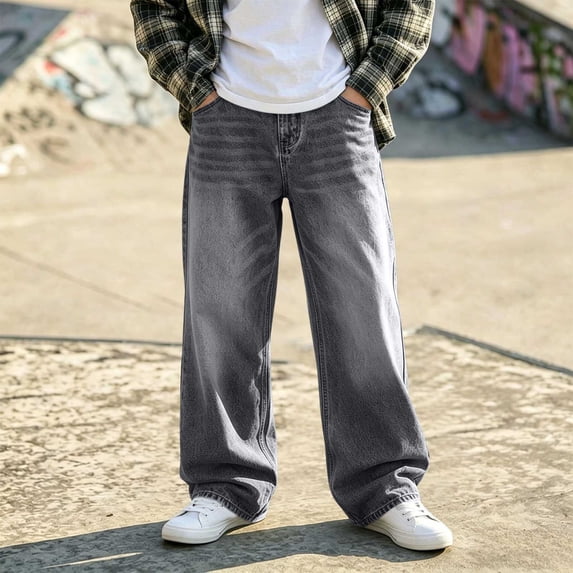Mifsaly Teen Boys Wide Leg Jeans Vintage Washed Baggy Straight Leg Denim Pants with Pockets