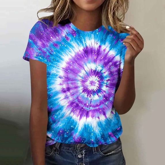 Mifsaly Tie-Dye Cotton T-Shirt for Women Short Sleeve Crew Neck Casual Summer Tops Colorful Print Lightweight Breathable Casual Blouse L