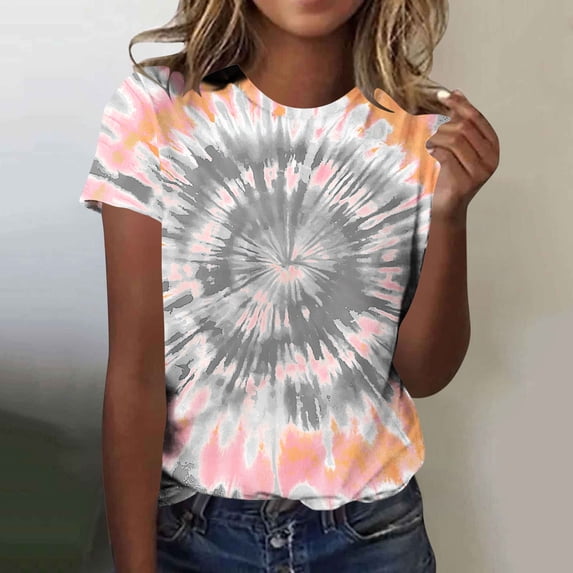 Mifsaly Tie-Dye Cotton T-Shirt for Women Short Sleeve Crew Neck Casual Summer Tops Colorful Print Lightweight Breathable Casual Blouse XXXL