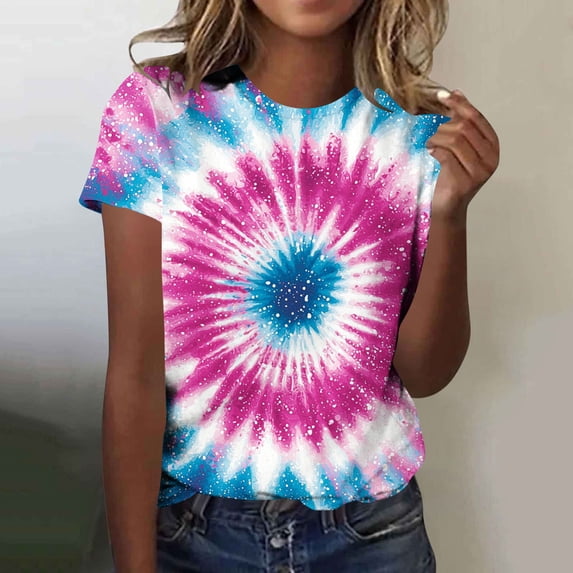 Mifsaly Tie-Dye Cotton T-Shirt for Women Short Sleeve Crew Neck Casual Summer Tops Colorful Print Lightweight Breathable Casual Blouse XXXL