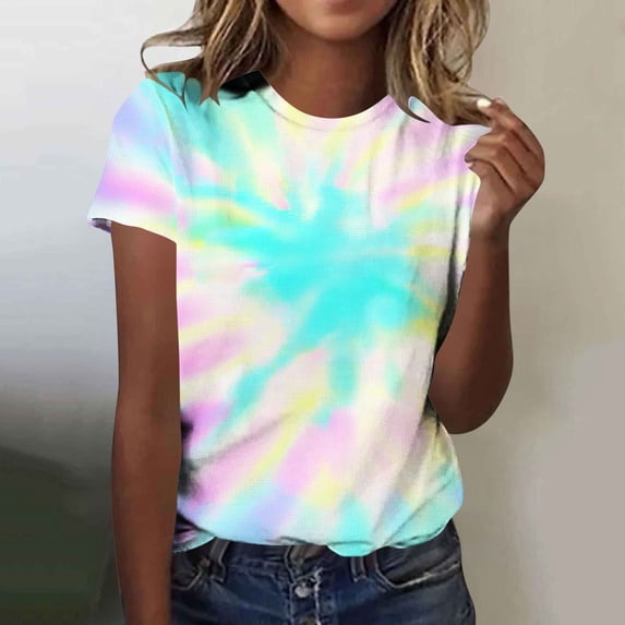 Mifsaly Tie-Dye Cotton T-Shirt for Women Short Sleeve Crew Neck Casual Summer Tops Colorful Print Lightweight Breathable Casual Blouse XXXL