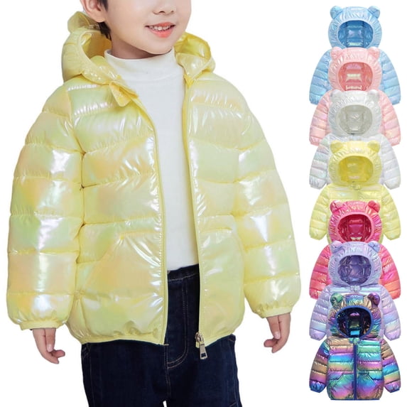 Mifsaly Toddler Boys Girls Padded Jacket Kids Shiny Metallic Hooded Zip Up Quilted Coat Lightweight Windproof Warm Winter Outerwear