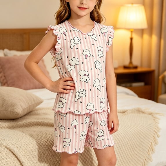 Mifsaly Toddler Girls 2 Piece Pajama Outfits Cute Graphic Sleeveless Ruffle Trim Tops and Shorts Kids Soft Breathable Summer Casual Home Clothes