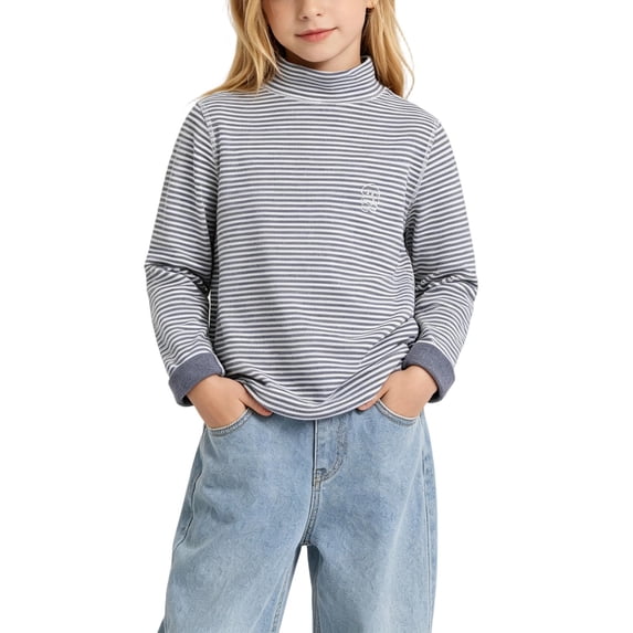 Mifsaly Toddler Girls Turtleneck Striped T-Shirts Long Sleeve Loose Fit Pullover Tops Relaxed Fit Everyday Basic Layering Tee Navy,3-4Years