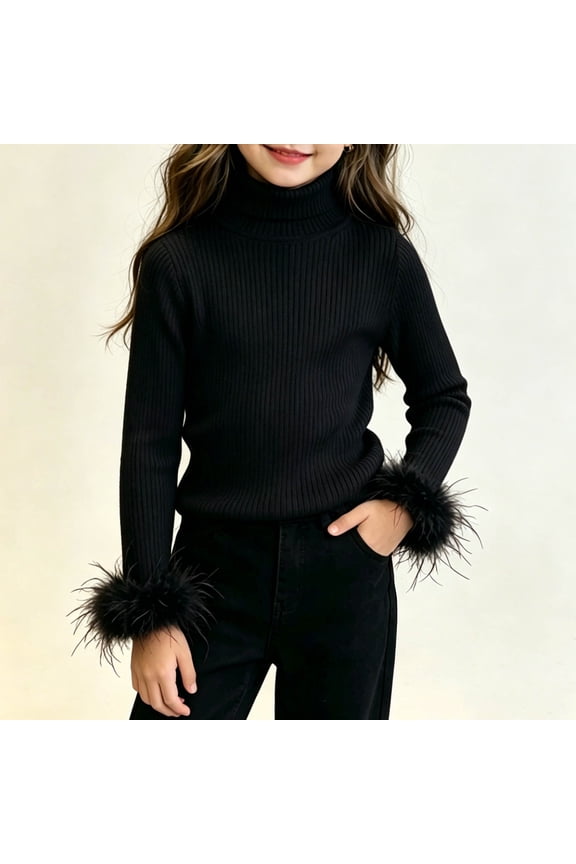 Toddler Girls Turtleneck Sweater Ribbed Long Sleeve Knit Pullover Tops with Faux Fur Cuffs Elegant Stretch Warm Winter Fall Clothes for Party Holiday