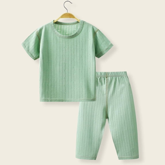 Mifsaly Toddler Kids Ribbed Knit Pajamas Sets Short Sleeve Crewneck Tops And Sleeping Pants Girls Boys Soft Comfort Breathable Cotton Sleepwear