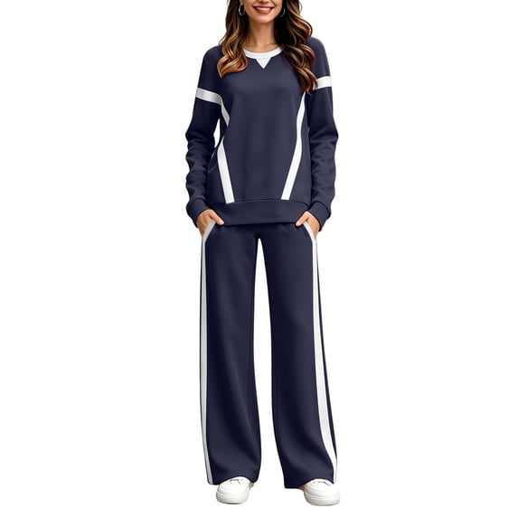 Mifsaly Track Suits for Women Set Long Sleeve Crewneck Sweatshirt and Active Sweatpants with Pockets Relaxed Fit Casual Athletic Loungewear Navy,L