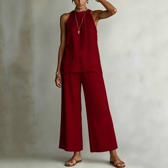 Mifsaly Travel Outfits for Women 2 Piece Sets Boho Halter Neck Sleeveless Top and Wide Leg Pants Lightweight Casual Summer Beach Vacation Matching Clothes Red,XXXL