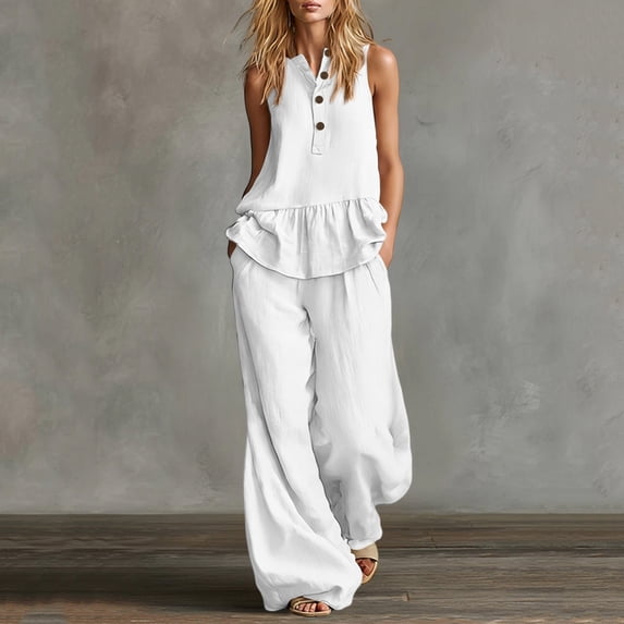 Mifsaly Travel Outfits for Women 2 Piece Sets Sleeveless Button Down Ruffle Hem Top and Flowy Wide Leg Pants Elegant Boho Vacation Beach Matching Clothes White,S
