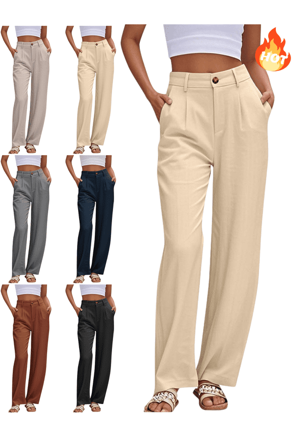 Trousers Pants for Women Petite Wide Leg Dressy Casual Pant Zipper Button Closure High Waist Work Trouser Business Fashion Officewear with Pockets